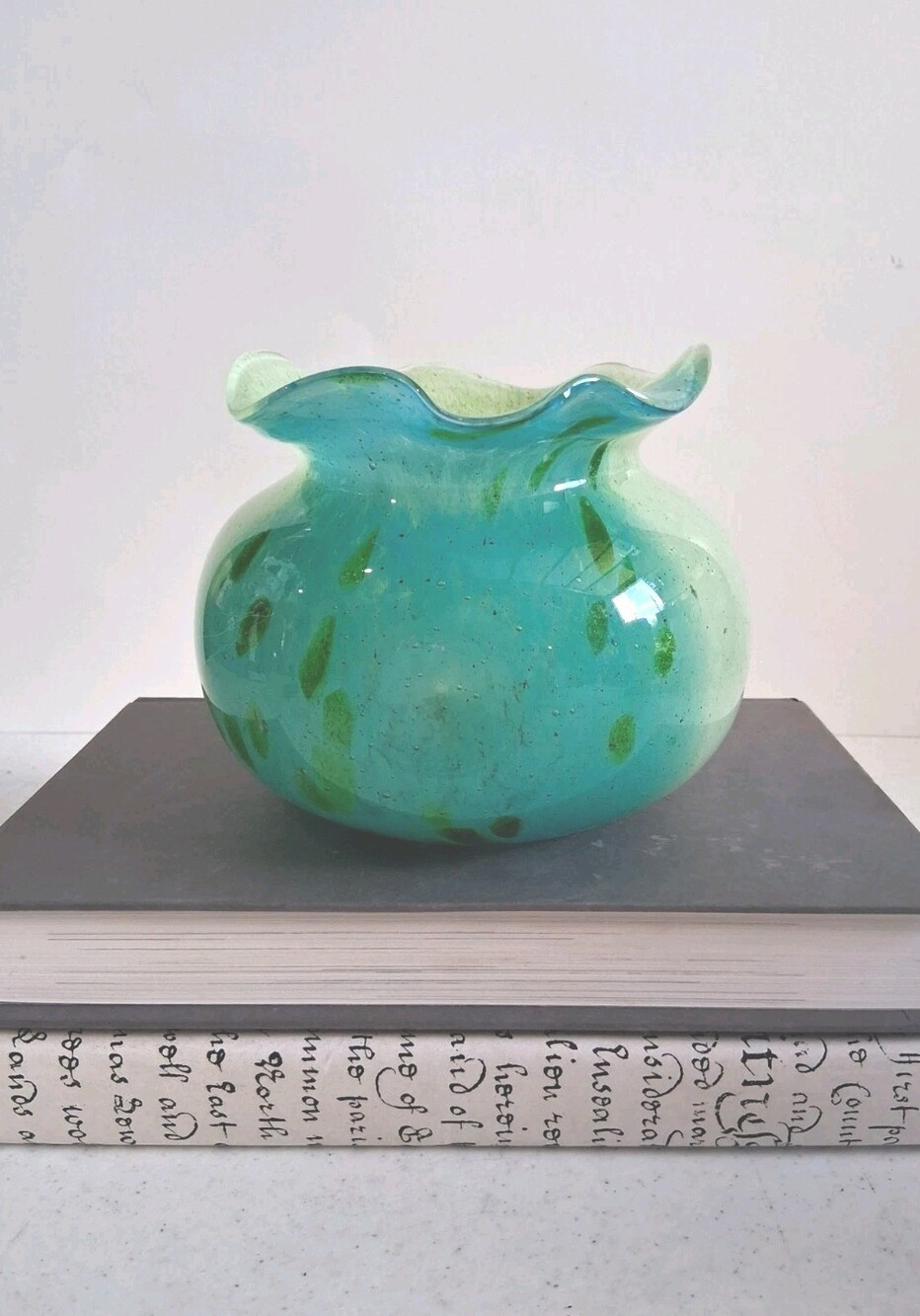 Sack Vase Art Glass - Dimpled Ruffled Edge, Blue & Green, Heavy EUC